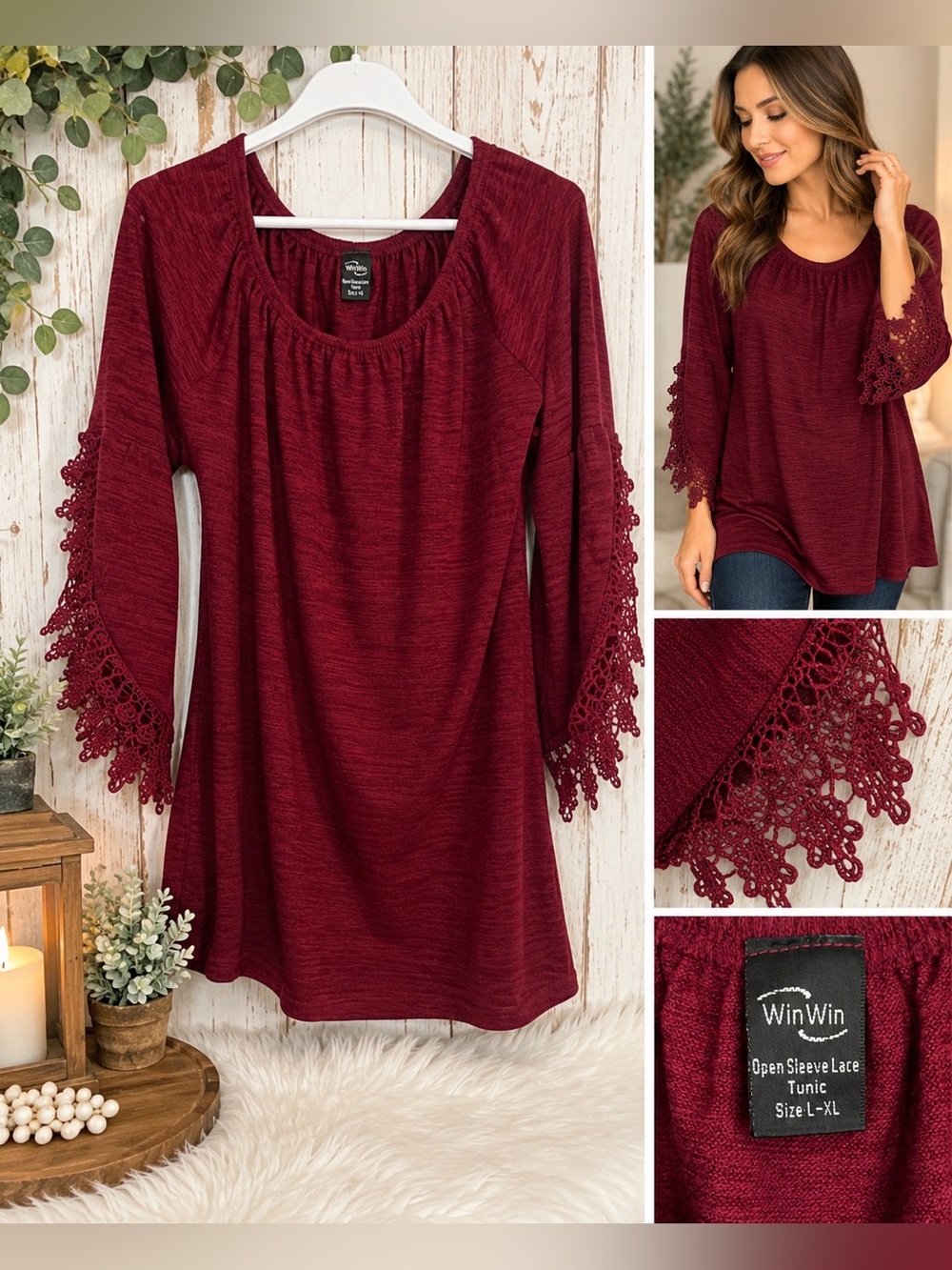 🍷 WinWin Burgundy Open-Sleeve Tunic – L/XL